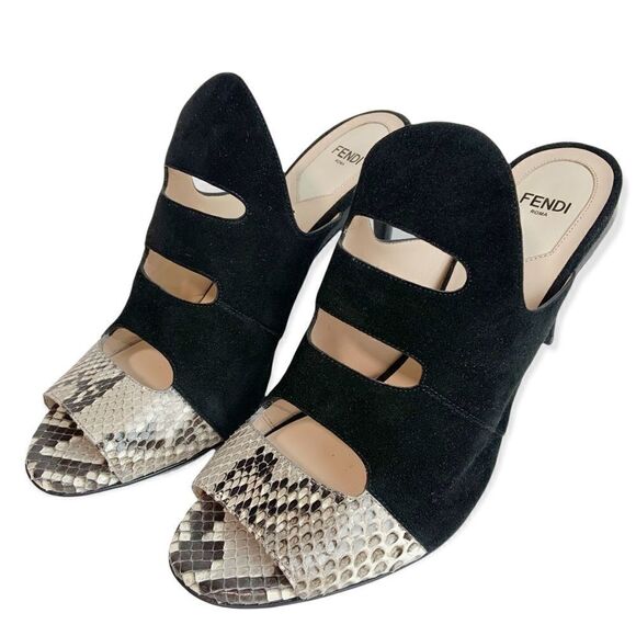 NIB FENDI Black Suede & Snake Skin Slip On Heeled Mules Size EU 39 - Picture 7 of 11